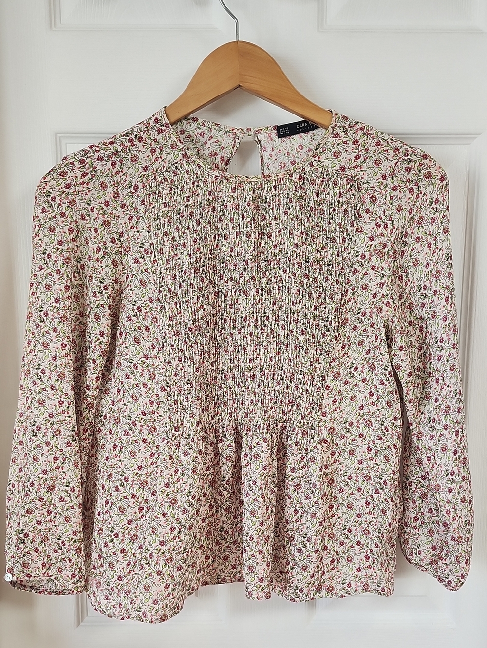 Zara Cream Floral Smocked Peplum Blouse with Pink and Green Print
